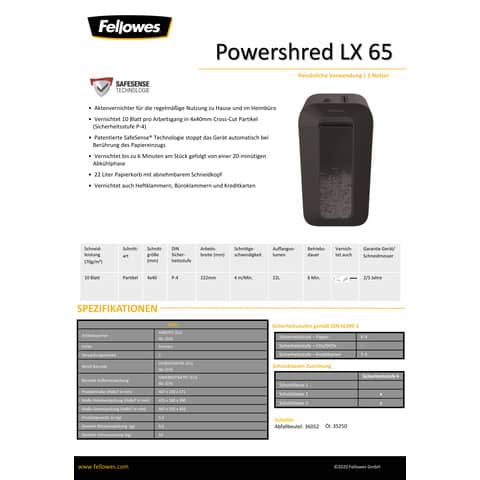 Distruggidocumenti uso personale Fellowes LX65 taglio a frammenti 4x40 mm nero - 4400701